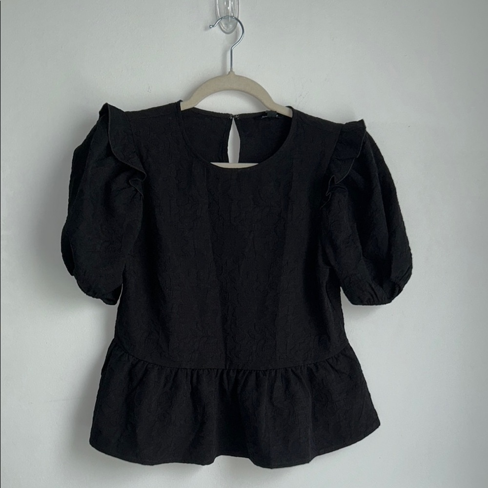 EXPRESS Black Peplum Puff Sleeve Blouse‎ Romantic XS